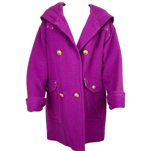 Versace Fuchsia Hooded Pea Coat with Gold Studs - Picture 3 of 5